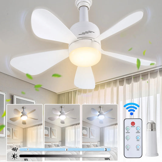 JOPESO Ceiling Fans with Lights and Remote, 19in Socket Fan Light with 3 Speeds and 3 Colors E27 Base Dimmable LED Ceiling Fan for Bedroom Kitchen Living Room Garage Hallways L24004