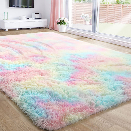 JOPESO Soft Fluffy Rainbow Rug for Girls Boys Bedroom Carpets 5x8 Feet Colorful Rugs Carpets Tie Dye Rugs for Teens Dorm Aesthetic Shaggy Nursery Area Rug for Baby Toddler Princess Room Living Room -G00055