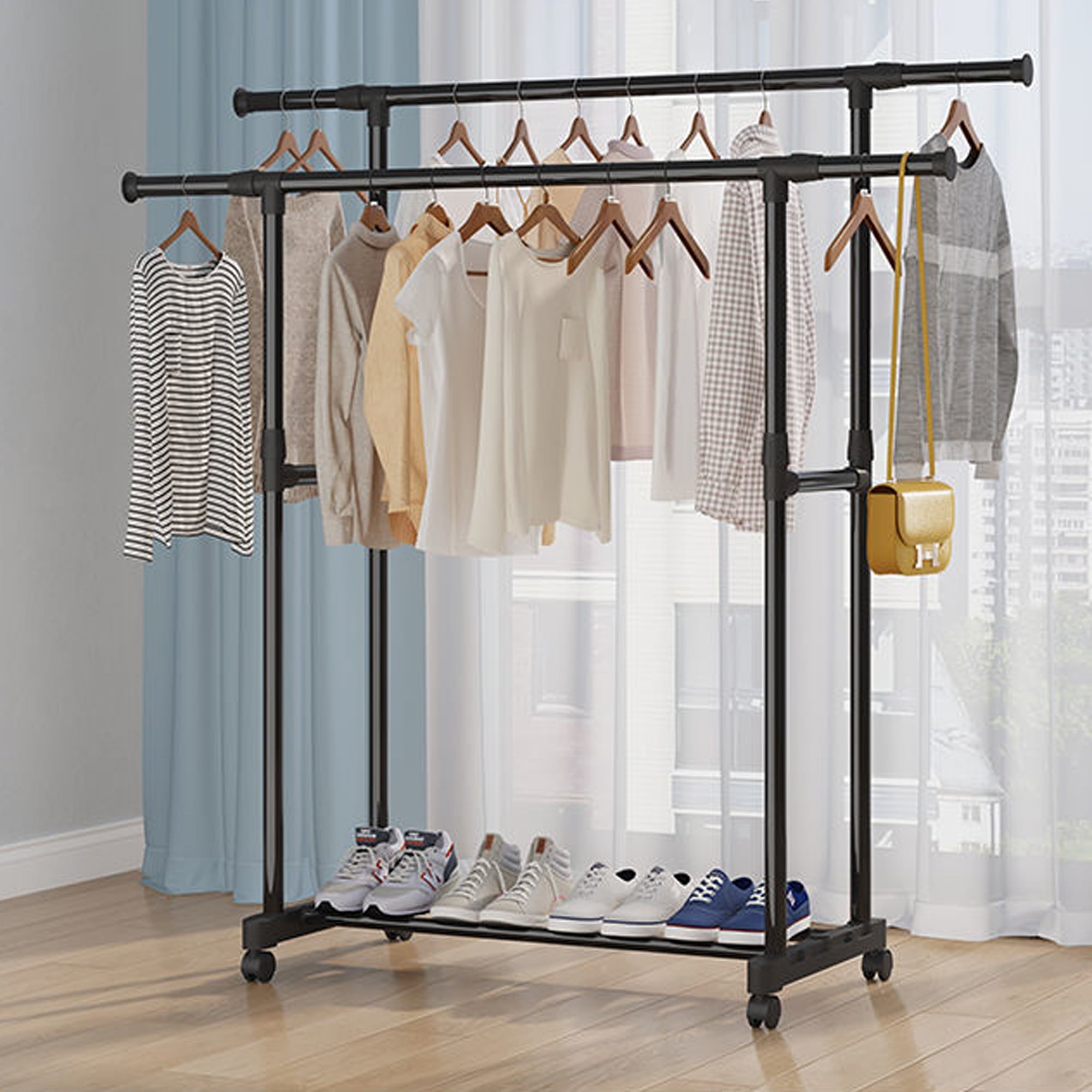 Clothing rack with cover best sale and wheels